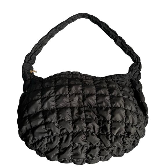 Black Quilted Puffer Shoulder Crossbody Hobo Bag - Picture 2 of 11